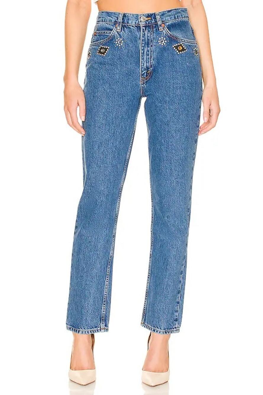 Re/Done Originals 70s Straight Jeweled Jeans Stoned Indigo Size 25